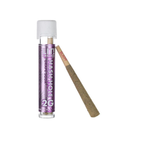 Lit! 2G Grape Soda indica hash hole pre-roll with hash oil core and RAW paper wrap, available online at Master Dispensary.