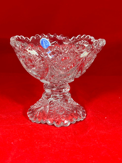 Head-on view of the Vintage Crystal 1960s Imperial Footed Open Jam/Jelly/Candy Compote in a Star and Arch motif.