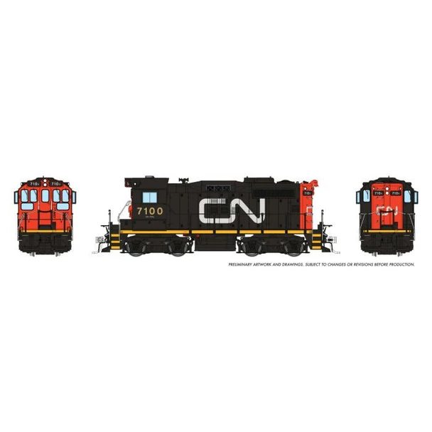Locomotive, diesel, GMD SW1200RM, CN #7100, black, red ends, noodle - DCC/sound