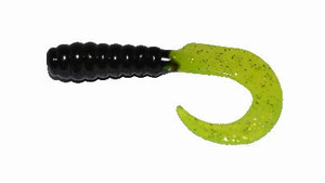 Big Bite Curl Tail Grub 2" 10ct Black/Chartreuse.Silver, made by Big Bite Baits - Big Bite Curl Tail Grub 2" 10ct Black/Chartreuse.Silver, made by Big Bite Baits -