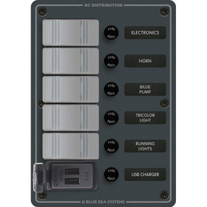 Blue Sea 8121 - 5 Position Contura Switch Panel w/Dual USB Chargers - 12/24V DC - Black, made by Blue Sea Systems - 8121 Blue Sea 8121 - 5 Position Contura Switch Panel w/Dual USB Chargers - 12/24V DC - Black, made by Blue Sea Systems - 8121