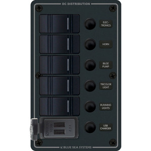 Blue Sea 8521 - 5 Position Contura Switch Panel w/Dual USB Chargers - 12/24V DC - Black, made by Blue Sea Systems - 8521 Blue Sea 8521 - 5 Position Contura Switch Panel w/Dual USB Chargers - 12/24V DC - Black, made by Blue Sea Systems - 8521