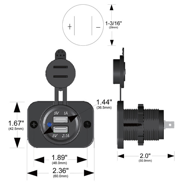 USB Power Socket Dual 5V 1A and 2.1A W/Cover and 3 Mounting Brackets Bulldog Winch