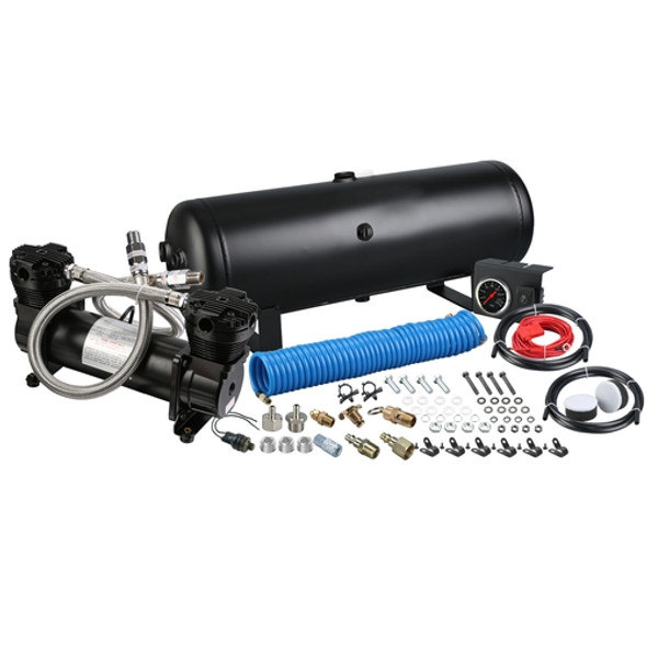 On Board Air Compressor Kit Twin Head 4.2 CFM With 5 Gal Tank In-Cab Gauge and Switch Bulldog Winch