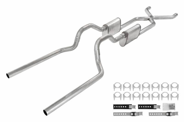 Crossmember Back W/ X-Pipe Exhaust System 63-66 GM Truck Split Rear Dual Exit 2.5 Inch Intermediate And Tailpipe Hardware Incl Turbo Pro Muffler Incl And Tip Not Incl Stainless Steel Pypes Exhaust