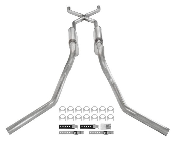 Crossmember Back W/ X-Pipe Exhaust System 63-66 GM Truck Split Side Dual Exit 2.5 Inch Intermediate And Tailpipe Hardware Incl Turbo Pro Muffler Incl And Tip Not Incl Stainless Steel Pypes Exhaust