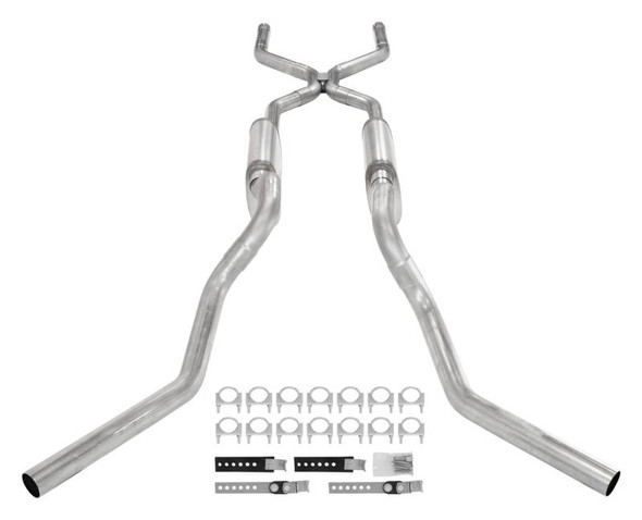 Crossmember Back W/ H-Pipe Exhaust System 63-66 GM Truck Split Side Dual Exit 2.5 Inch Intermediate And Tailpipe Hardware Incl Turbo Pro Muffler Incl And Tip Not Incl Stainless Steel Pypes Exhaust