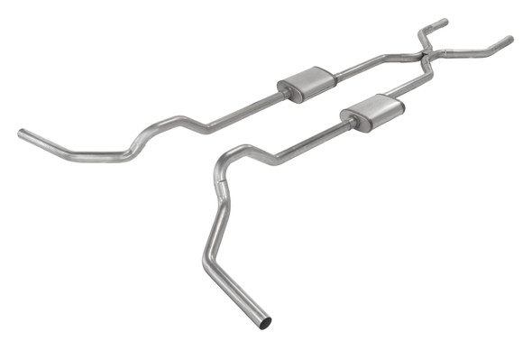 Crossmember Back w/H-Pipe Exhaust System 67-74 GM Split Rear Dual Exit 2.5 in Intermediate And Tail Pipe Turbo Pro Muffler/Hdw Incl Tip Not Incl Natural Finish 409 Stainless Steel Pypes Exhaust