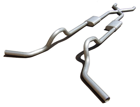 Crossmember Back w/X-Pipe Exhaust System 67-74 GM Split Rear Dual Exit 2.5 in Intermediate And Tail Pipe Violator Muffler/Hdw Incl Tip Not Incl Natural Finish 409 Stainless Steel Pypes Exhaust
