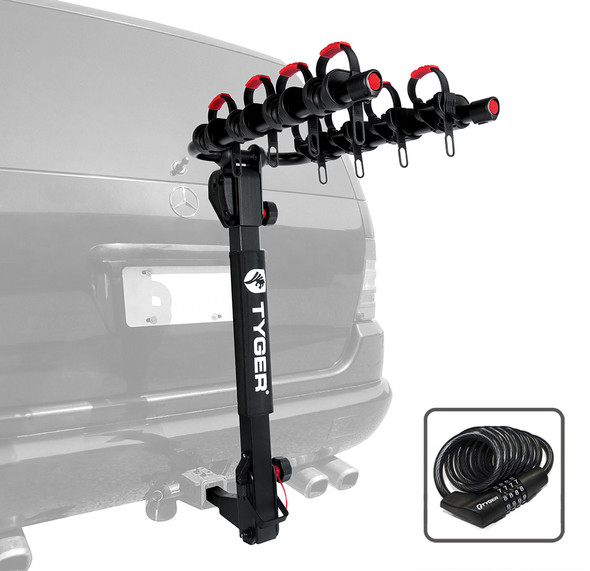 Deluxe 4-bike Carrier Rack For both 1-1/4 Inch and 2 Hitch Receiver With Hitch Pin Lock and Cable Lock Soft Cushion Protector Tyger Auto