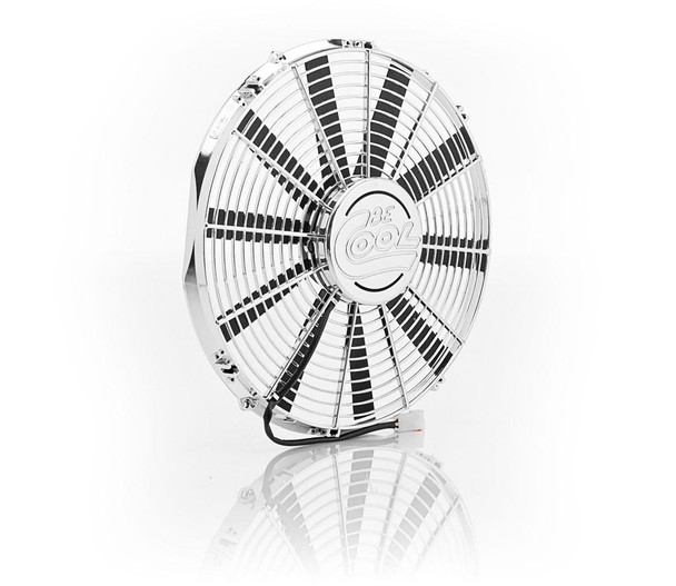16 Inch Electric Puller Fan w/Straight Blades and Billet Cap Chrome Medium Profile Be Cool Radiator