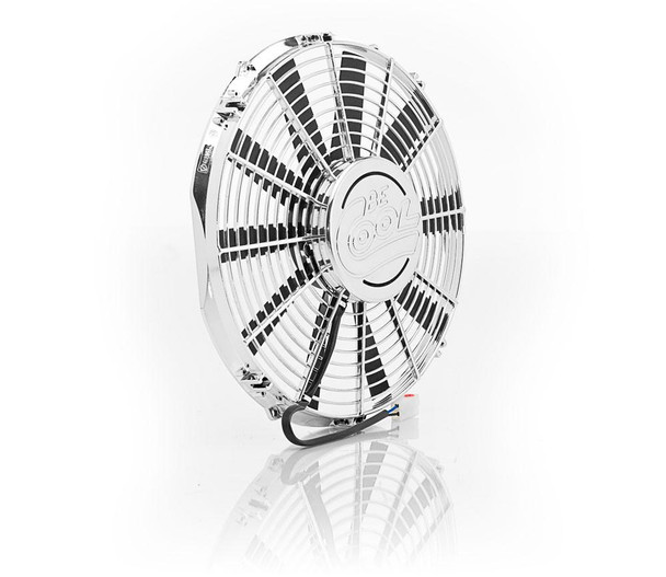 13 Inch Electric Puller Fan w/Straight Blades and Billet Cap Chrome Medium Profile Be Cool Radiator