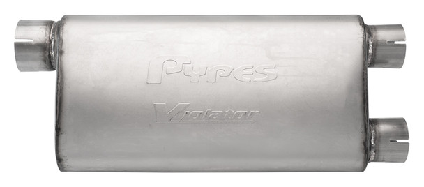 Violator Series Muffler 3 in Offset Inlet/2.5 in Dual Outlet 18 in L Hardware Not Incl Natural 409 Stainless Steel Pypes Exhaust
