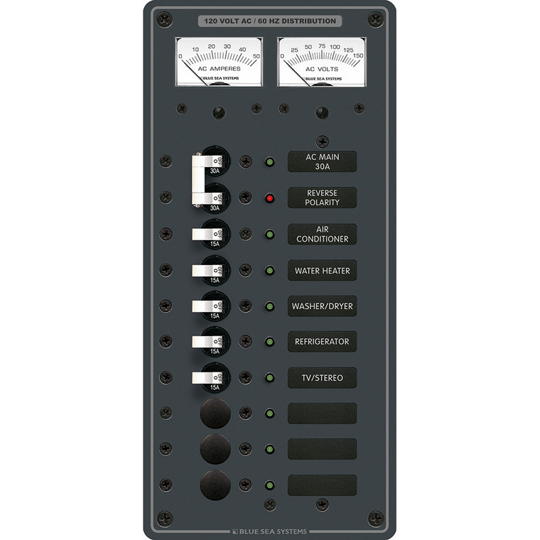 Blue Sea 8074 AC Main +8 Positions Toggle Circuit Breaker Panel - White Switches, made by Blue Sea Systems - 8074
