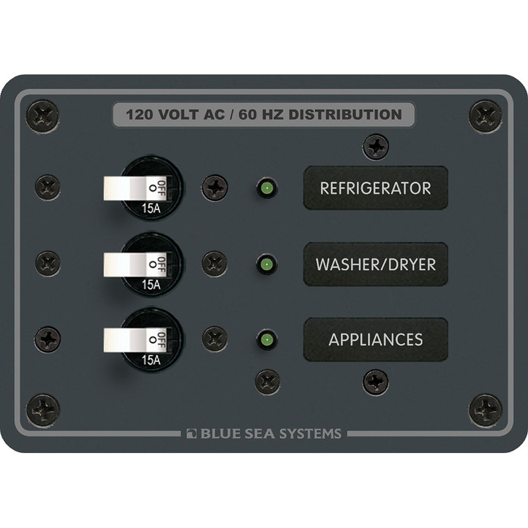 Blue Sea 8058 AC 3 Position Toggle Circuit Breaker Panel - White Switches, made by Blue Sea Systems - 8058