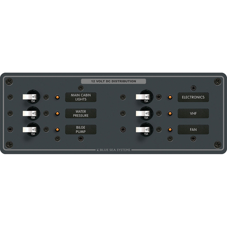 Blue Sea 8096 DC 6 Position Toggle Branch Circuit Breaker Panel - White Switches, made by Blue Sea Systems - 8096