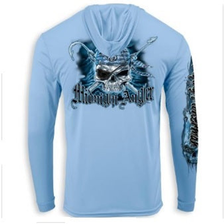 Flying Fisherman Performance Hoodie Pirate Skull Blue Mist Medium, made by Flying Fisherman Glasses -
