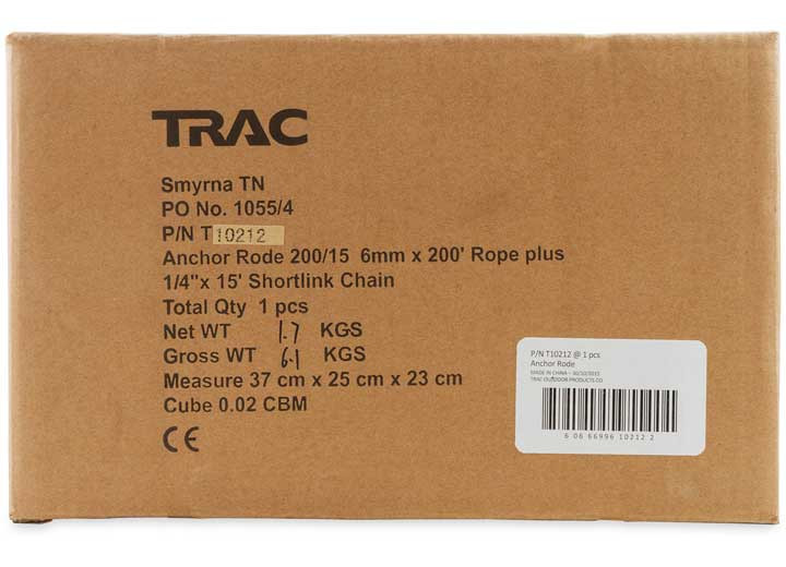 Anchor Rope 6mm X 200ft Rope/15ft Chain, made by Camco - 69082