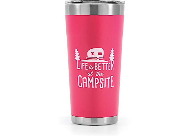 Life Is Better At The Campsite Tumbler Painted Coral Pink 20oz, made by Camco - 53061