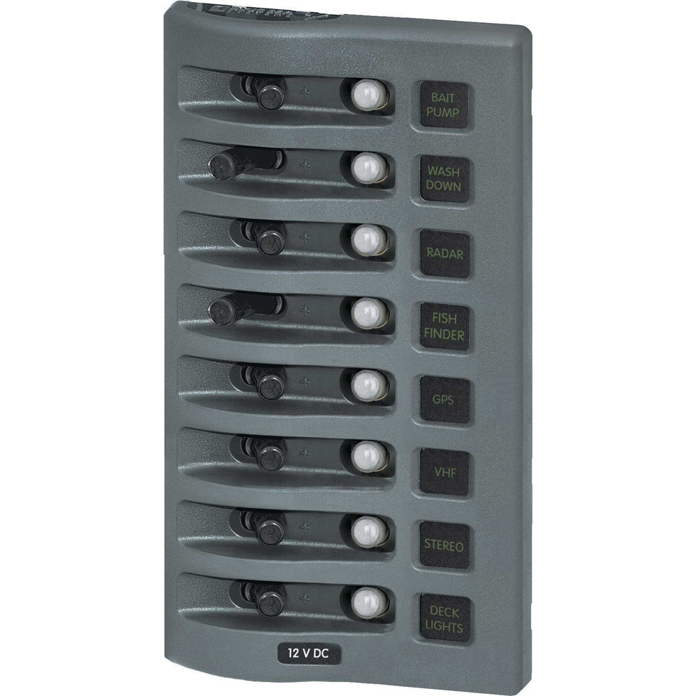 Blue Sea 4378 WeatherDeck Water Resistant Circuit Breaker Panel - 8 Position - Grey, made by Blue Sea Systems - 4378 Blue Sea 4378 WeatherDeck Water Resistant Circuit Breaker Panel - 8 Position - Grey, made by Blue Sea Systems - 4378