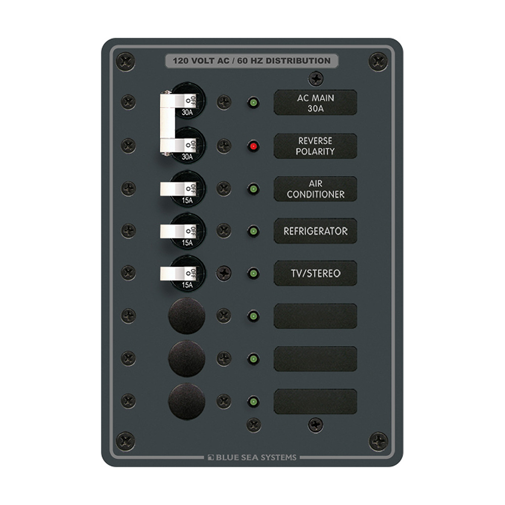 Blue Sea 8027 AC Main +6 Position Breaker Panel - White Switches, made by Blue Sea Systems - 8027 Blue Sea 8027 AC Main +6 Position Breaker Panel - White Switches, made by Blue Sea Systems - 8027