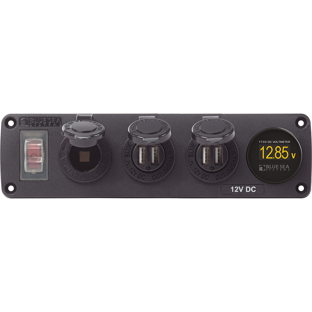 Blue Sea 4368 Water Resistant USB Accessory Panel - 12V Socket, 2x 2.1A Dual USB Chargers, Mini Voltmeter, made by Blue Sea Systems - 4368 Blue Sea 4368 Water Resistant USB Accessory Panel - 12V Socket, 2x 2.1A Dual USB Chargers, Mini Voltmeter, made by Blue Sea Systems - 4368