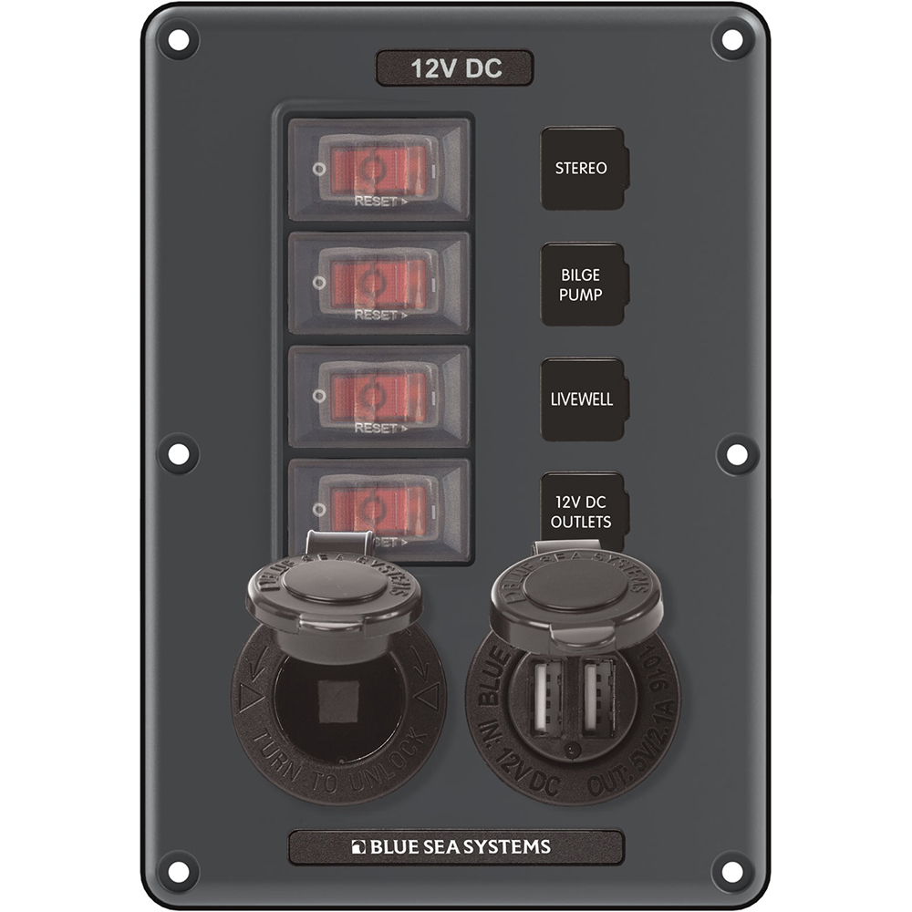Blue Sea 4321 Circuit Breaker Switch Panel 4 Position - Gray w/12V Socket & Dual USB, made by Blue Sea Systems - 4321 Blue Sea 4321 Circuit Breaker Switch Panel 4 Position - Gray w/12V Socket & Dual USB, made by Blue Sea Systems - 4321