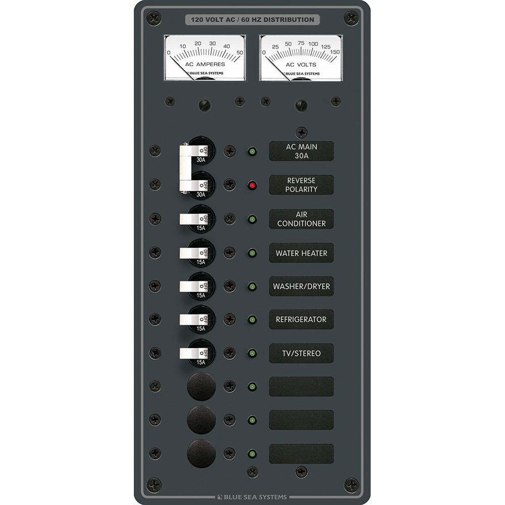 Blue Sea 8074 AC Main +8 Positions Toggle Circuit Breaker Panel - White Switches, made by Blue Sea Systems - 8074 Blue Sea 8074 AC Main +8 Positions Toggle Circuit Breaker Panel - White Switches, made by Blue Sea Systems - 8074
