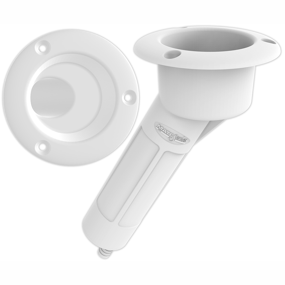 Mate Series Plastic 30° Rod & Cup Holder - Drain - Round Top - White, made by Mate Series - P1030DW Mate Series Plastic 30° Rod & Cup Holder - Drain - Round Top - White, made by Mate Series - P1030DW