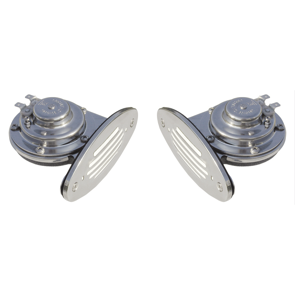 Schmitt Marine Mini Stainless Steel Dual Drop-In Horn w/Stainless Steel Grills High & Low Pitch, made by Schmitt Marine - 10055 Schmitt Marine Mini Stainless Steel Dual Drop-In Horn w/Stainless Steel Grills High & Low Pitch, made by Schmitt Marine - 10055