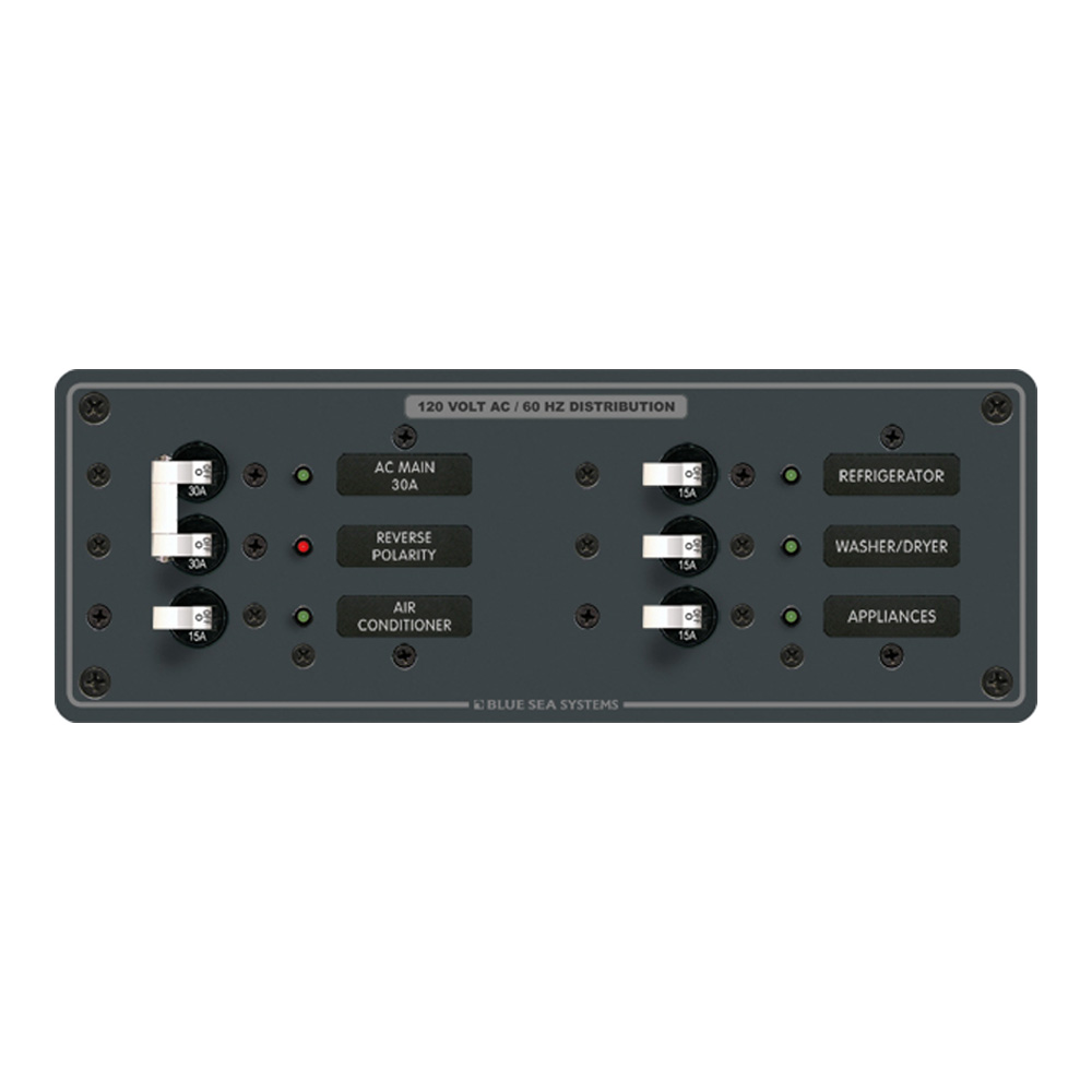 Blue Sea 8099 AC Main +4 Positions Toggle Circuit Breaker Panel (White Switches), made by Blue Sea Systems - 8099