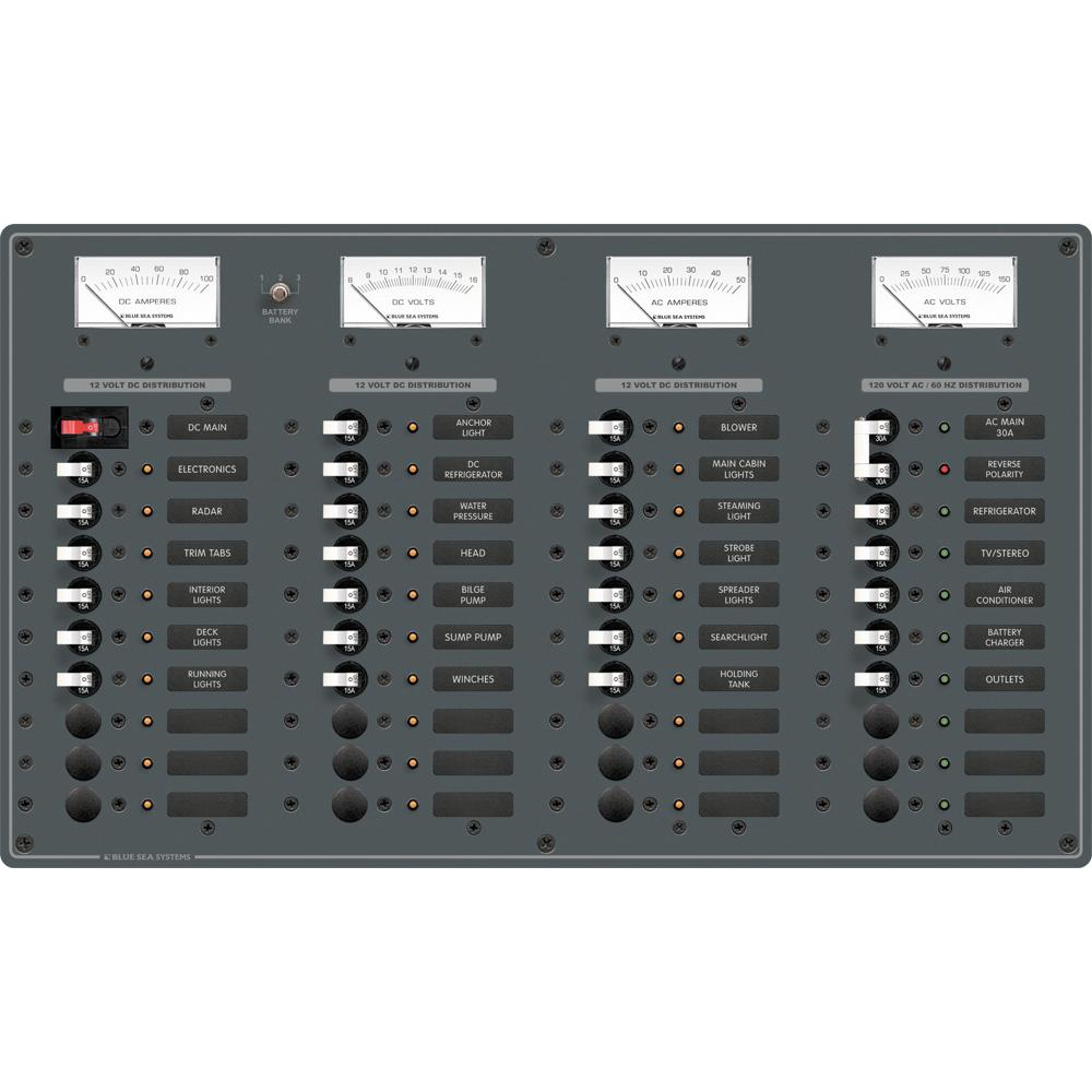 Blue Sea 8095 AC Main +8 Positions / DC Main +29 Positions Toggle Circuit Breaker Panel (White Switches), made by Blue Sea Systems - 8095 Blue Sea 8095 AC Main +8 Positions / DC Main +29 Positions Toggle Circuit Breaker Panel (White Switches), made by Blue Sea Systems - 8095