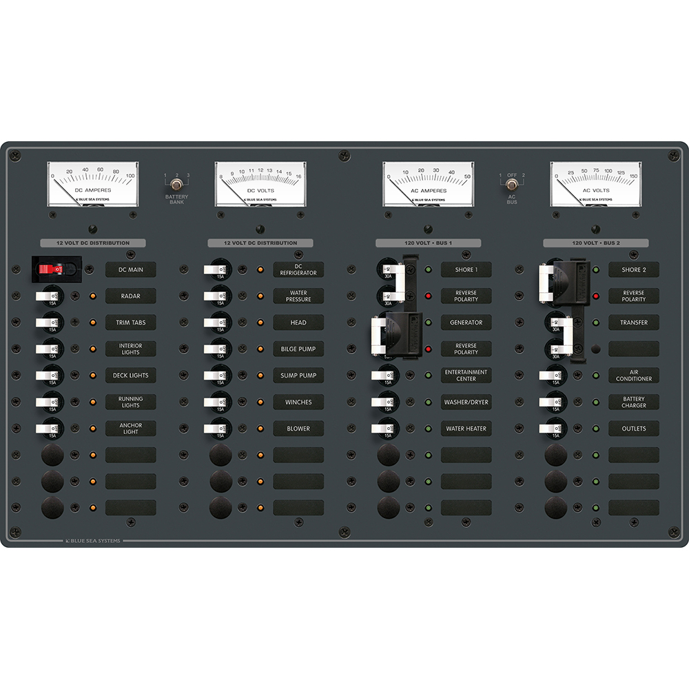 Blue Sea 8086 AC 3 Sources +12 Positions/DC Main +19 Position Toggle Circuit Breaker Panel - White Switches, made by Blue Sea Systems - 8086