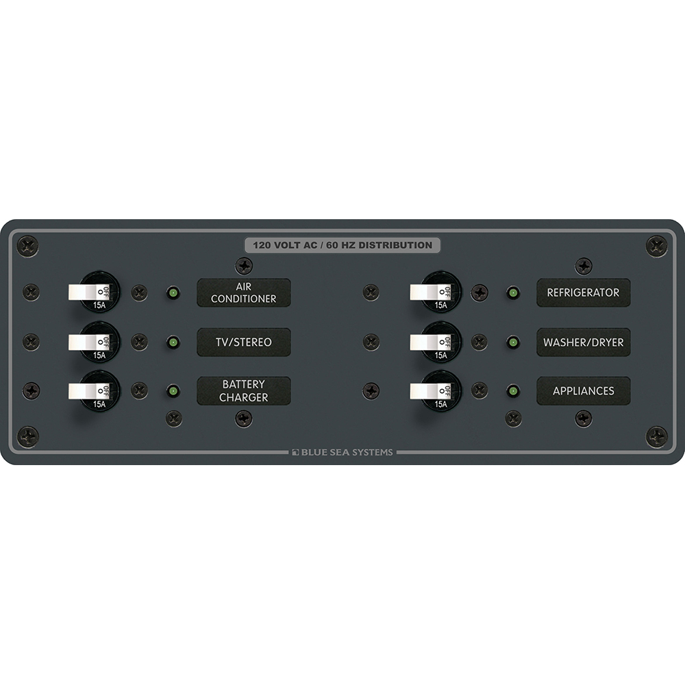 Blue Sea 8097 AC 6 Position Toggle Circuit Breaker Panel - White Switches, made by Blue Sea Systems - 8097