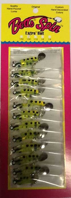 Betts Spin 1/8 Chartreuse Black Spots 12/cd, made by Betts Tackle - Betts Spin 1/8 Chartreuse Black Spots 12/cd, made by Betts Tackle -