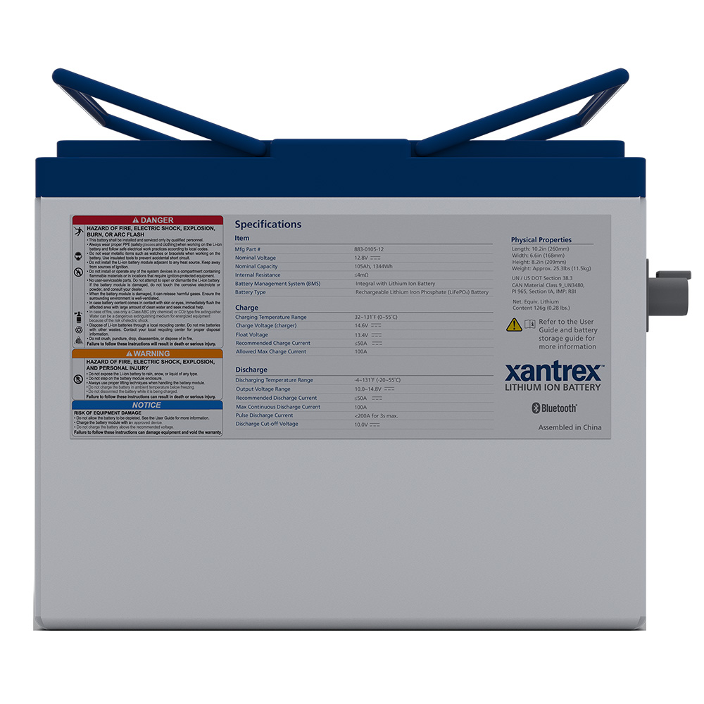 Xantrex Lithium Iron Phosphate (LiFePO4) Battery - 105AH - 12VDC, made by Xantrex - 883-0105-12 Xantrex Lithium Iron Phosphate (LiFePO4) Battery - 105AH - 12VDC, made by Xantrex - 883-0105-12