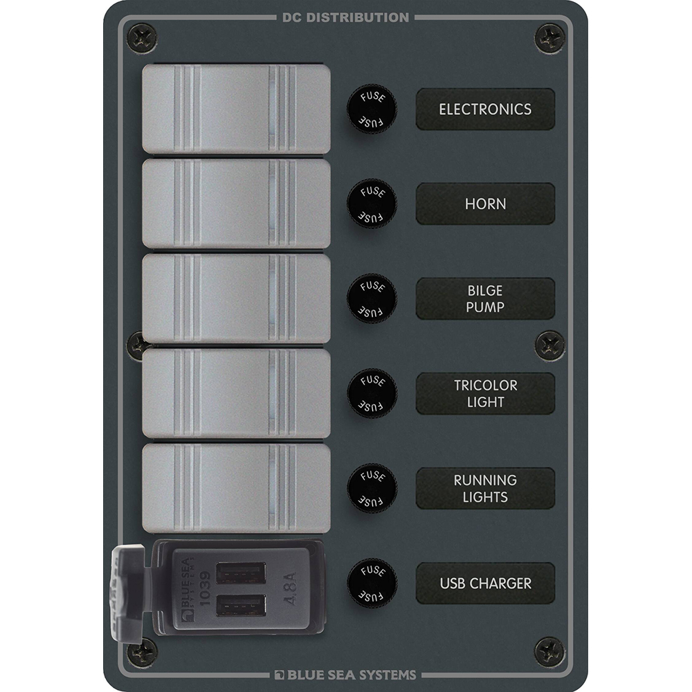 Blue Sea 8121 - 5 Position Contura Switch Panel w/Dual USB Chargers - 12/24V DC - Black, made by Blue Sea Systems - 8121 Blue Sea 8121 - 5 Position Contura Switch Panel w/Dual USB Chargers - 12/24V DC - Black, made by Blue Sea Systems - 8121