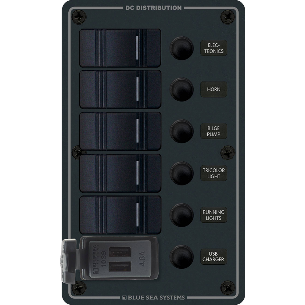 Blue Sea 8521 - 5 Position Contura Switch Panel w/Dual USB Chargers - 12/24V DC - Black, made by Blue Sea Systems - 8521 Blue Sea 8521 - 5 Position Contura Switch Panel w/Dual USB Chargers - 12/24V DC - Black, made by Blue Sea Systems - 8521