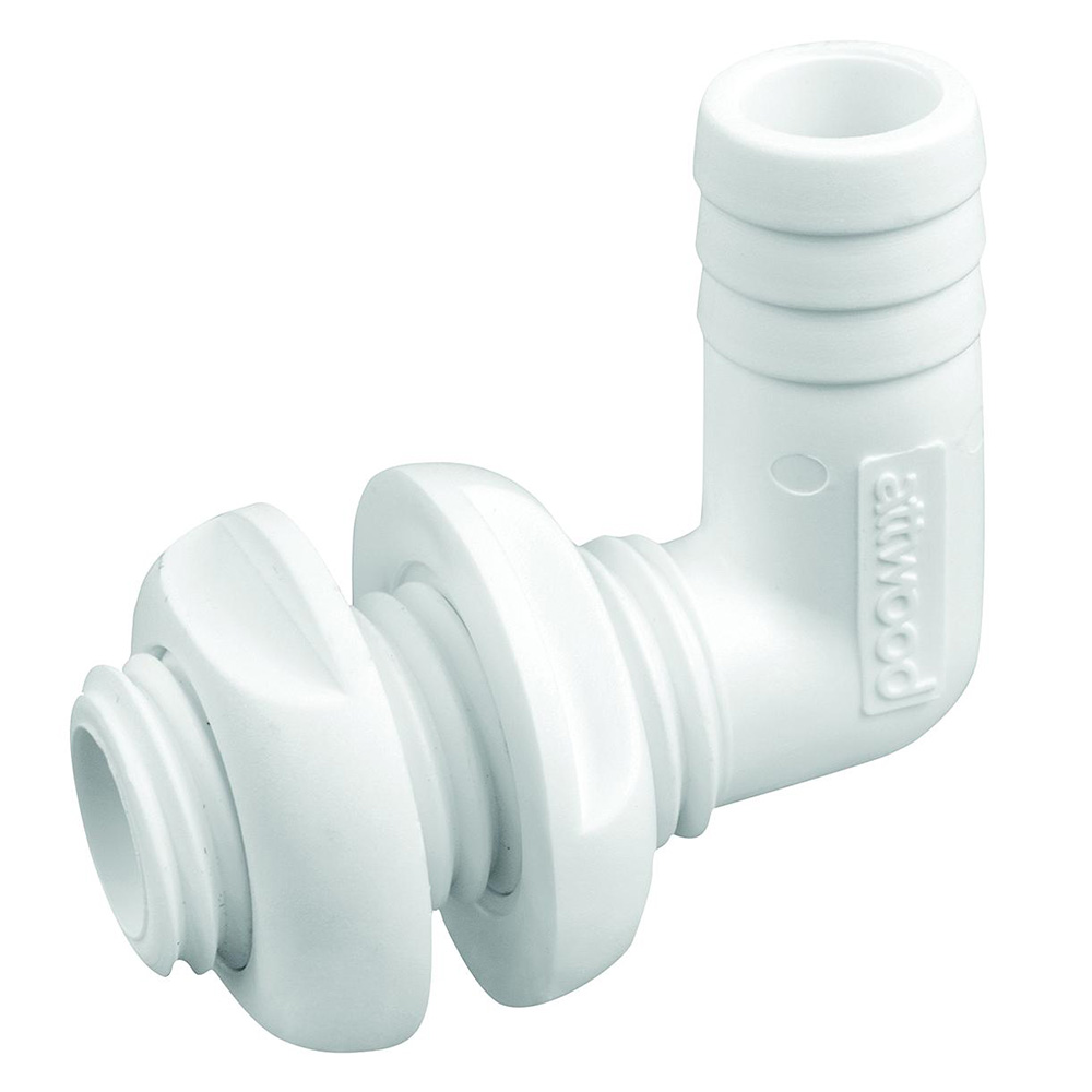 Attwood White Plastic 90 Degree Thru-Hull Connector - 3/4" Inner Diameter, made by Attwood Marine - 3877-3 Attwood White Plastic 90 Degree Thru-Hull Connector - 3/4" Inner Diameter, made by Attwood Marine - 3877-3