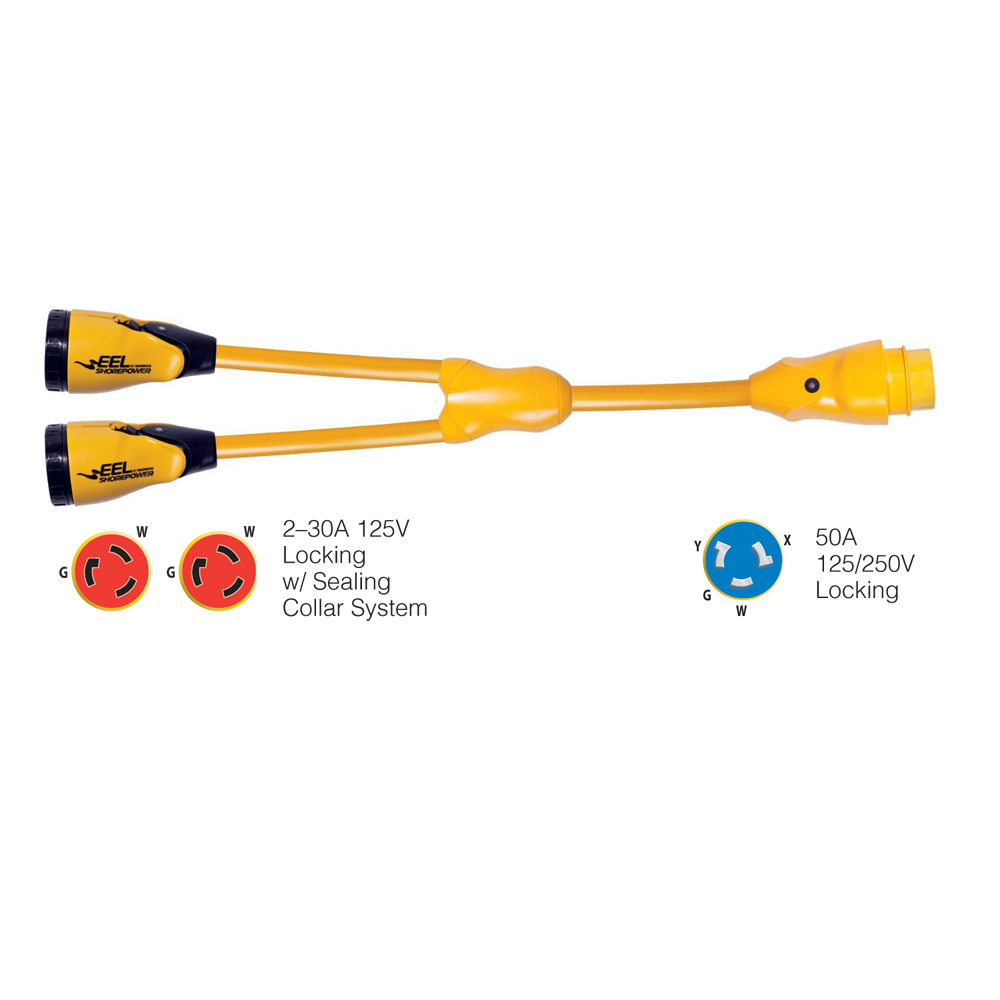 Marinco Y504-2-30 EEL (2)-30A-125V Female to (1)50A-125/250V Male "Y" Adapter - Yellow - Y504-2-30, made by Marinco - Y504-2-30 Marinco Y504-2-30 EEL (2)-30A-125V Female to (1)50A-125/250V Male "Y" Adapter - Yellow - Y504-2-30, made by Marinco - Y504-2-30