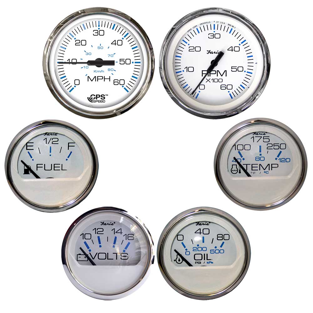 Faria Chesapeake White w/Stainless Steel Bezel Boxed Set of 6 - Speed, Tach, Fuel Level, Voltmeter, Water Temperature & Oil PSI - Inboard Motors - KTF063, made by Faria Beede Instruments - KTF063 Faria Chesapeake White w/Stainless Steel Bezel Boxed Set of 6 - Speed, Tach, Fuel Level, Voltmeter, Water Temperature & Oil PSI - Inboard Motors - KTF063, made by Faria Beede Instruments - KTF063