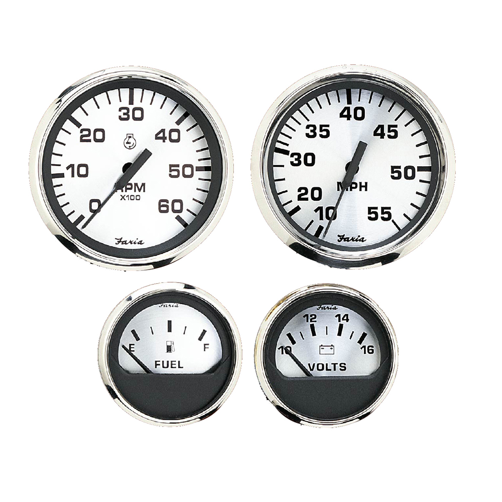 Faria Spun Silver Box Set of 4 Gauges f/Outboard Engines - Speedometer, Tach, Voltmeter & Fuel Level - KTF0182, made by Faria Beede Instruments - KTF0182 Faria Spun Silver Box Set of 4 Gauges f/Outboard Engines - Speedometer, Tach, Voltmeter & Fuel Level - KTF0182, made by Faria Beede Instruments - KTF0182