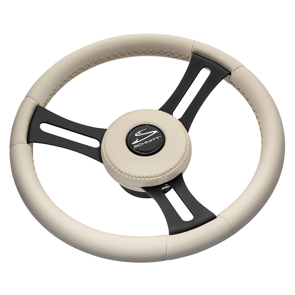 Schmitt Marine Torcello Elite 14" Wheel - Beige Leather & Cap - White Stitching - Black SS Spokes - 3/4" Tapered Shaft - PU081B11, made by Schmitt Marine - PU081B11