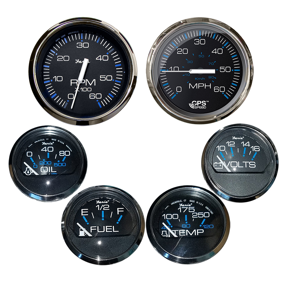 Faria Chesapeake Black w/Stainless Steel Bezel Boxed Set of 6 - Speed, Tach, Fuel Level, Voltmeter, Water Temperature & Oil PSI - Inboard Motors - KTF064, made by Faria Beede Instruments - KTF064 Faria Chesapeake Black w/Stainless Steel Bezel Boxed Set of 6 - Speed, Tach, Fuel Level, Voltmeter, Water Temperature & Oil PSI - Inboard Motors - KTF064, made by Faria Beede Instruments - KTF064