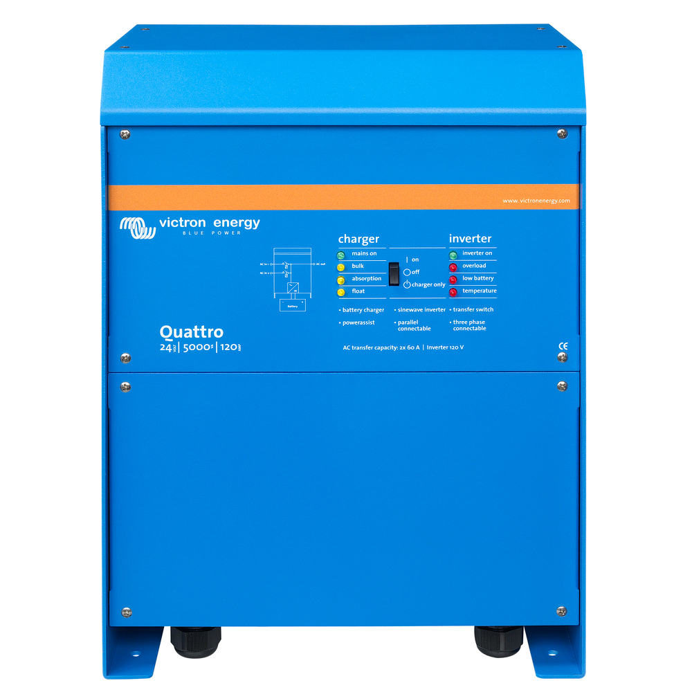 Victron Quattro Inverter/Charger 24V DC - 5000W - Dual 100AMP 120V AC Inputs - Auto Transfer Switch - 120AMP Battery Charger - Stackable - QUA245023110, made by Victron Energy - QUA245023110 Victron Quattro Inverter/Charger 24V DC - 5000W - Dual 100AMP 120V AC Inputs - Auto Transfer Switch - 120AMP Battery Charger - Stackable - QUA245023110, made by Victron Energy - QUA245023110