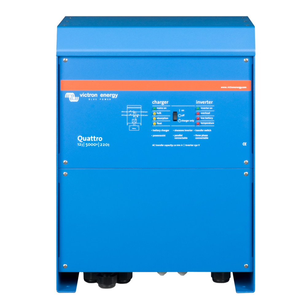 Victron Quattro Inverter/Charger 12 VDC - 5000W -Dual 100AMP 120VAC Inputs - Auto Transfer Switch - 200AMP Battery Charger - Stackable - QUA125021100, made by Victron Energy - QUA125021100 Victron Quattro Inverter/Charger 12 VDC - 5000W -Dual 100AMP 120VAC Inputs - Auto Transfer Switch - 200AMP Battery Charger - Stackable - QUA125021100, made by Victron Energy - QUA125021100