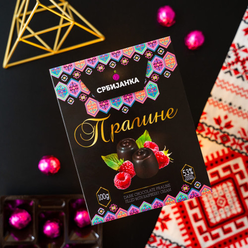 Praline od crne čokolade sa malinom, 100g