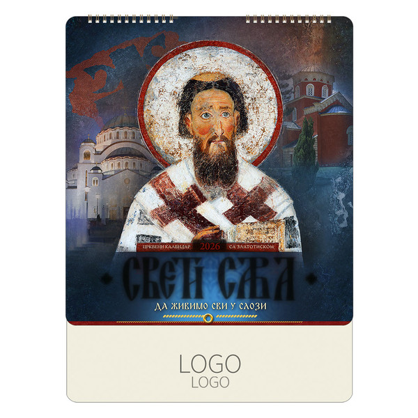PRAVOSLAVNI 92 Zidni kalendar: 15 listova, mesečni, 12 ikona urađeno u  tehnici zlatotisak