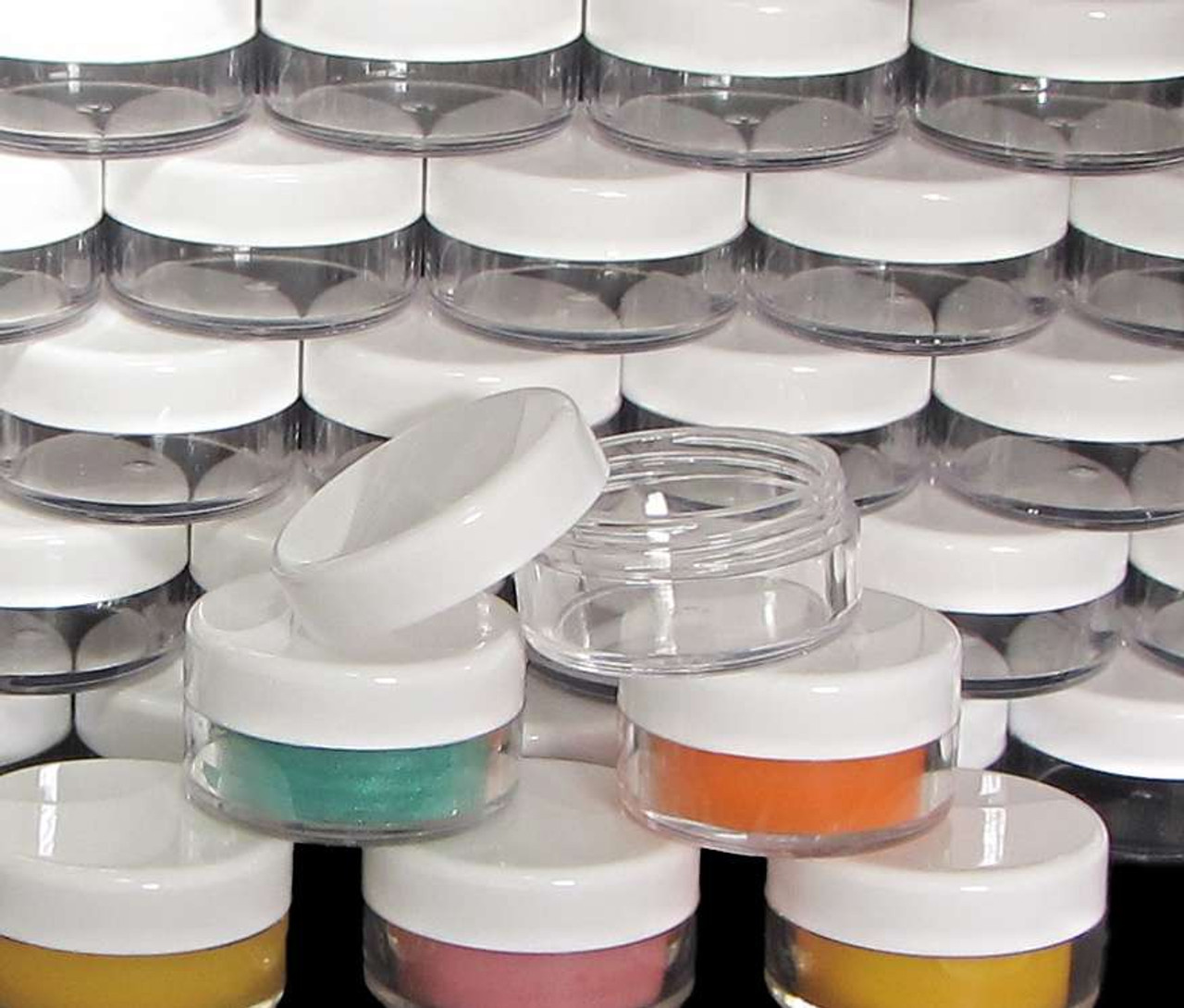 Plastic Cosmetic Containers Low Profile Wide Mouth White Jars with Lids 1  oz. (White / Black Cap) • 9351 / 9352