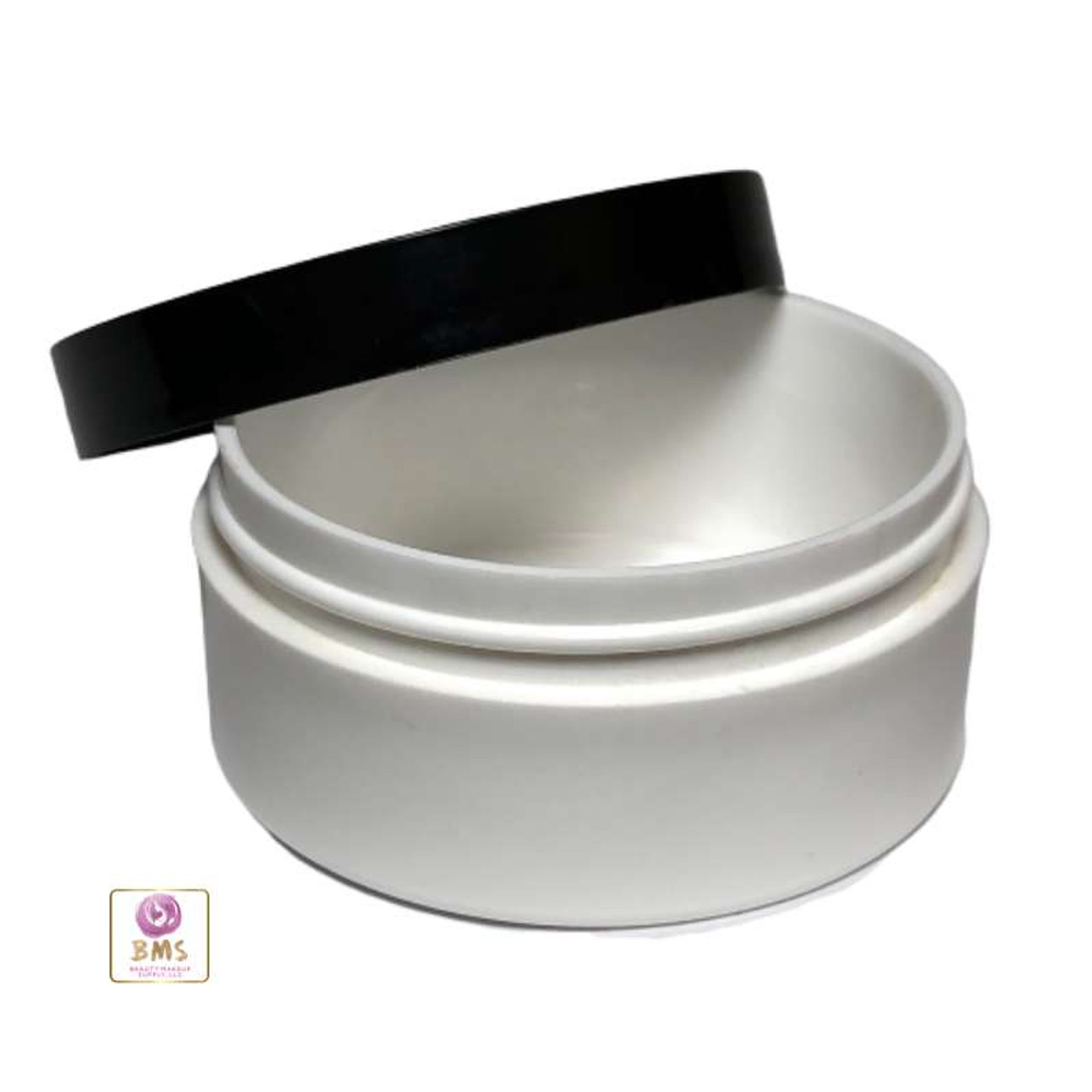 Plastic Cosmetic Containers Low Profile Wide Mouth White Jars with Lids 1  oz. (White / Black Cap) • 9351 / 9352